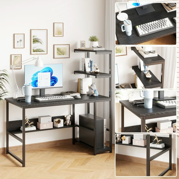 Computer Desk with 4-Tier Storage Shelves, 43.6 inch Modern Large Office Desk Computer Table Studying Writing Desk Workstation with Bookshelf and Tower Shelf for Home Office