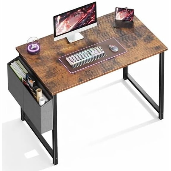 Computer Desk 40 Inch Home Office Desks for Small Spaces, Gaming Writing Study Work Table with Storage Bag for Bedroom, Rustic Brown