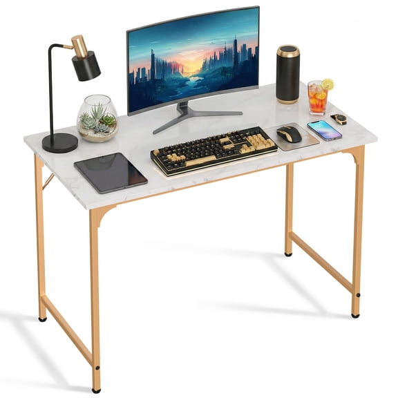 Computer Desk, 40'' Study Writing Table for Small Space, Save Space Office Desk with Metal Legs, Modern Steel Frame Wood PC Workstation for Home Office, Gold