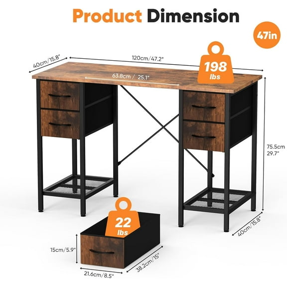 Computer Desk 47 Inch with 4 Drawers Home Office Table with Mesh Shelf for Work Study Writing Gaming Storage Furniture for Bedroom, Rustic Brown