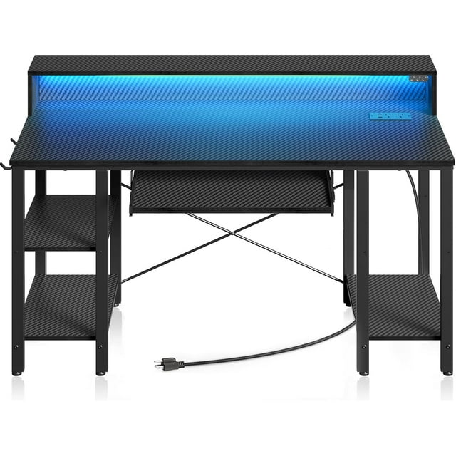 Computer Desk 47 inch with LED Lights & Power Outlets Gaming Desk with