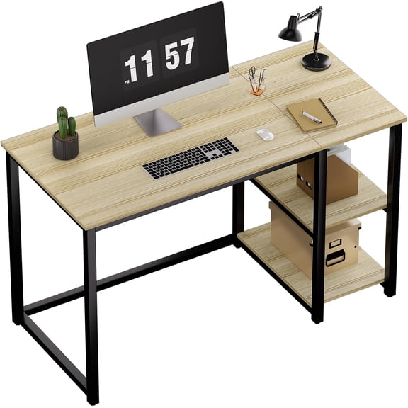 Computer Desk 47 inches with 2-Tier Shelves Sturdy Home Office Desk with Large Storage Space Modern Gaming Desk Study Writing Laptop Table, Oak