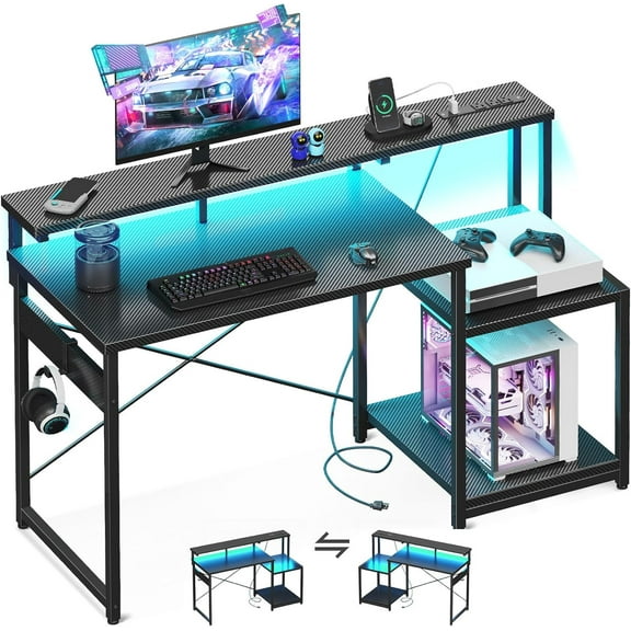 Computer Desk, 48 Inch Gaming Desk with Led Lights & Power Outlet, Office Desk with Printer Storage Shelves, Reversible Desk with Monitor Shelf & Headphone Hook