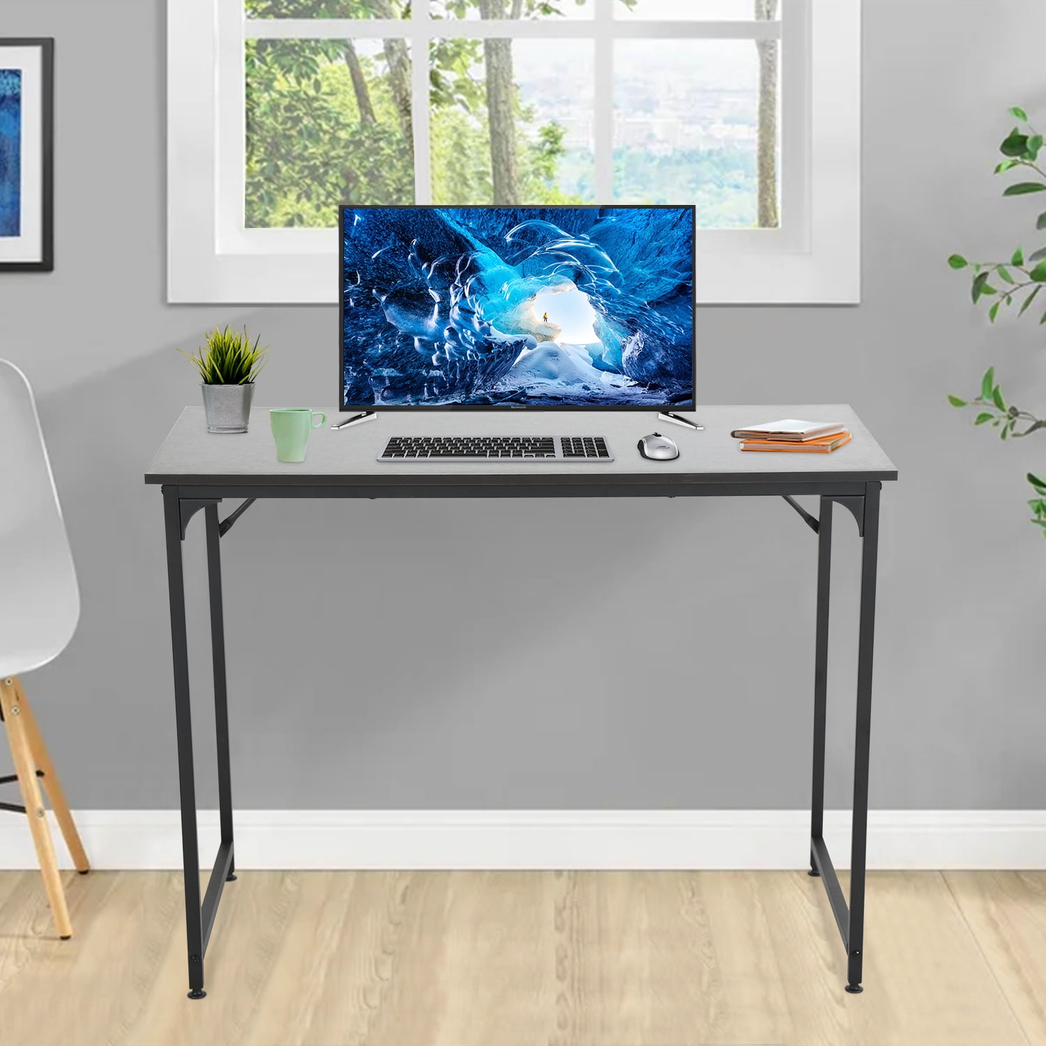 Computer Desk 48 Simple Desk with Adjustable Feet Large Office Desk with Metal Legs Modern Steel Frame Wood Study Desk for Home Office Black Walmart