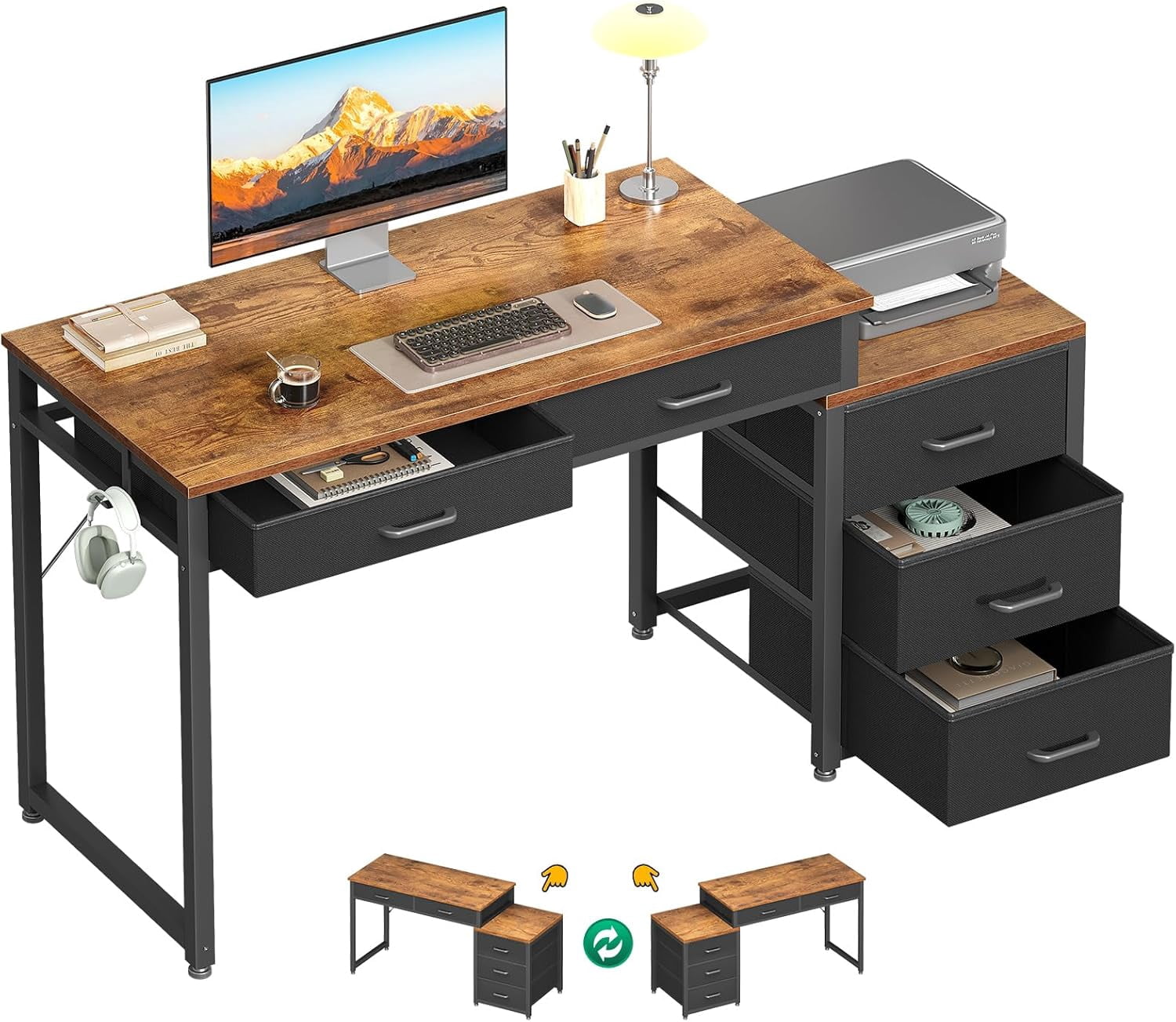 Computer Desk with 5 Drawers, 53 Inch Office Desk with Printer Shelf, Reversible Work Desk for Home Office, Writing Table Desk with Headphone Hook for Storage, Rustic Brown
