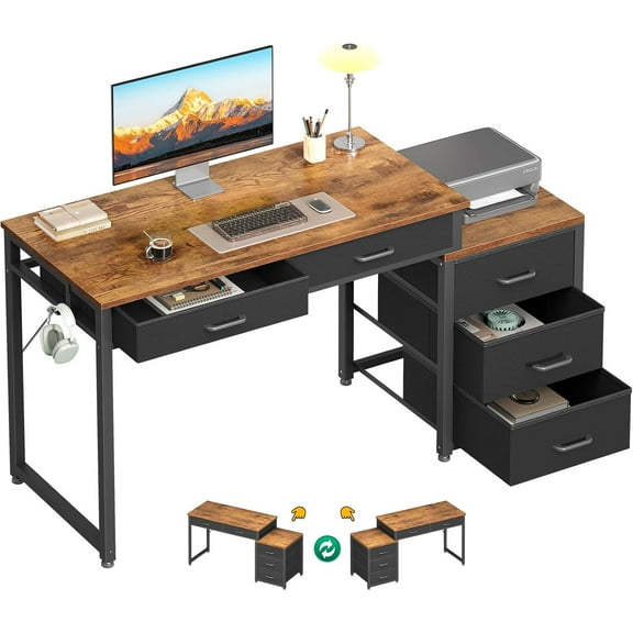 Computer Desk with 5 Drawers, 53 Inch Office Desk with Printer Shelf, Reversible Work Desk for Home Office, Writing Table Desk with Headphone Hook for Storage, Rustic Brown