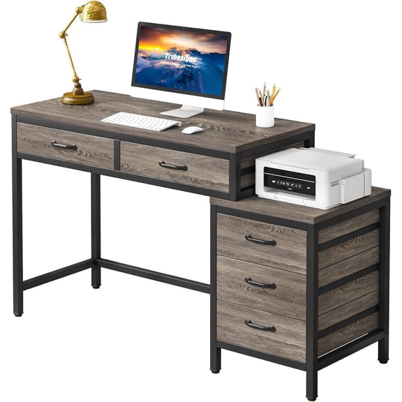 Computer Desk with 5 Drawers, Home Office Desks with Reversible Drawer Cabinet Printer Stand, Industrial PC Desk with Storage, Grey Study Writing Table Workstation for Small Spaces