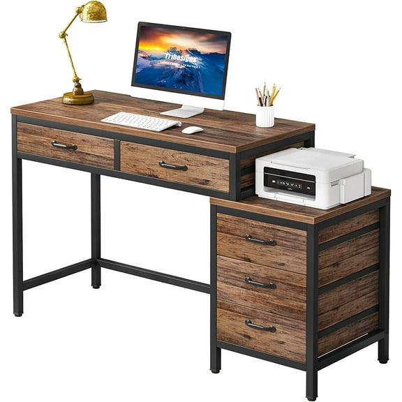 Computer Desk with 5 Drawers, Home Office Desks with Reversible Drawer Cabinet Printer Stand, Industrial PC Desk with Storage, Rustic Study Writing Table Workstation for Small Spaces