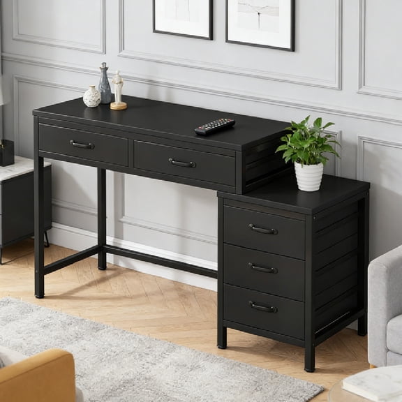 Computer Desk with 5 Drawers, Home Office Desks with Reversible Drawer Cabinet Printer Stand, Industrial PC Desk with Storage, Rustic Study Writing Table Workstation for Small Spaces, Black