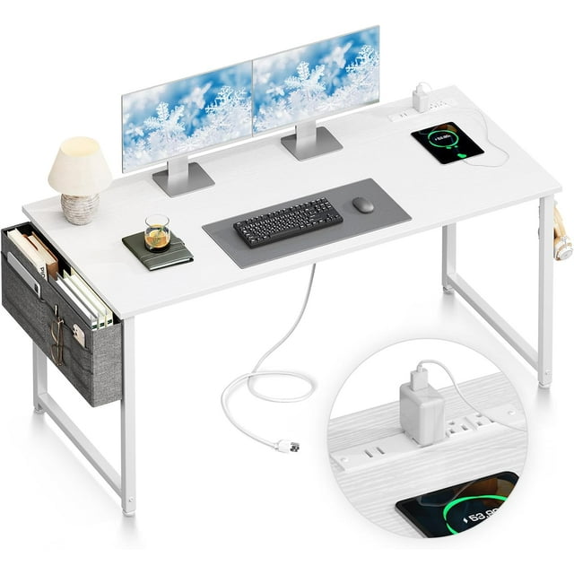 Computer Desk, 54 inch Office Desk with Storage Bag, Writing Work Desk with Charging Station Outlets Built-in for Home Office, Study, Large Legroom, Metal Frame, White