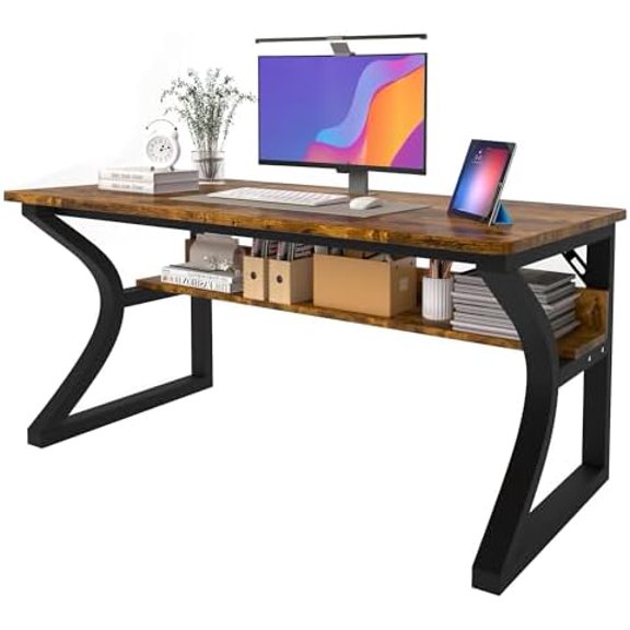 Computer Desk, 55'' Computer Desk, Home Office Desks w/Storage, Home Office Desks w/U-Size Metal Frame for Home Office Bedroom, Study Writing Work Table w/Water-Resistant, Scratchproof Surface