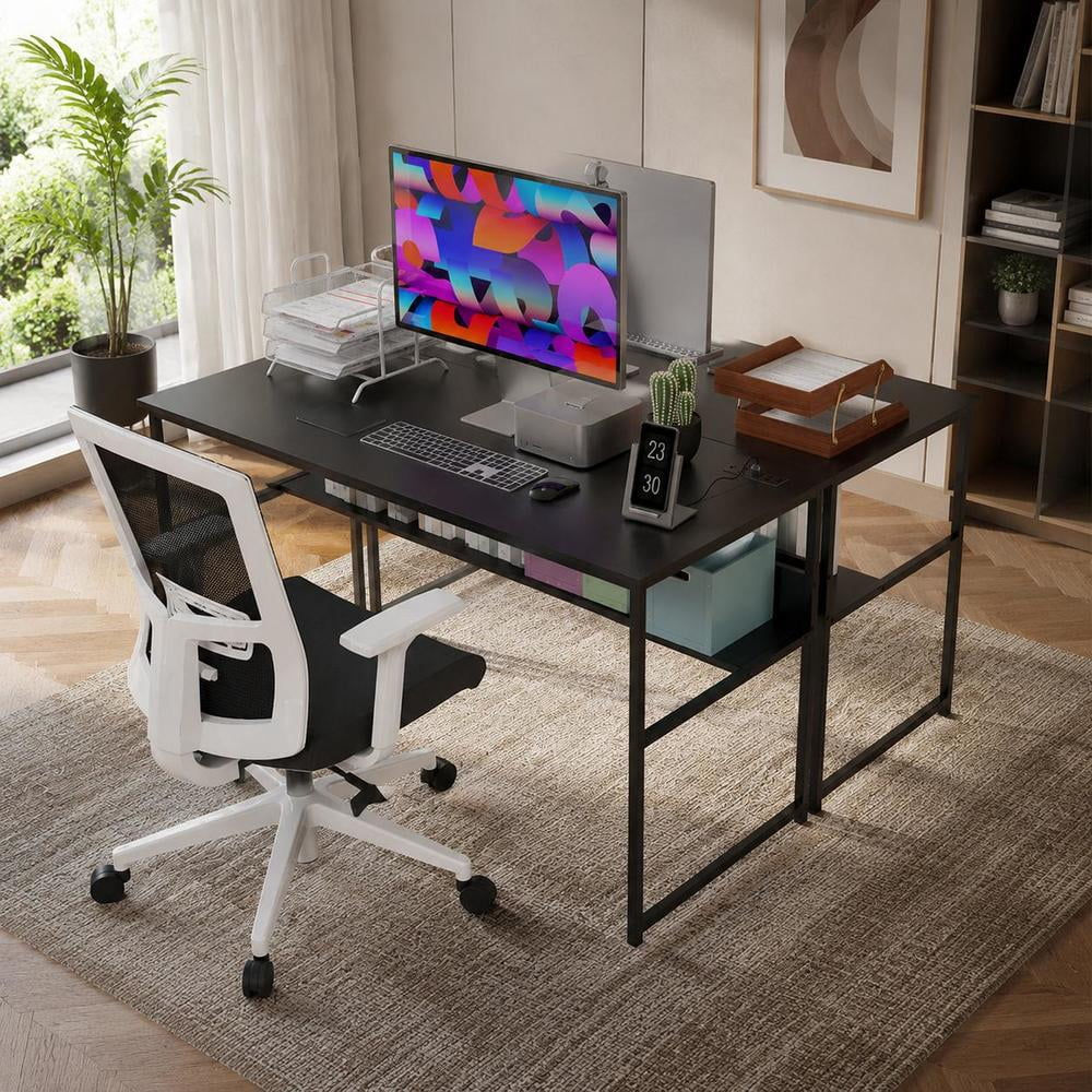 Computer Desk, 55 X 24 Inch, Black, with Power Outlets and USB Ports ...
