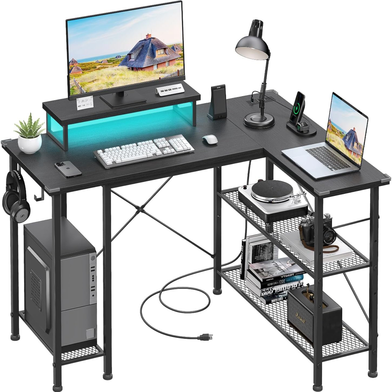 Power Rack Computer Desk L Shaped Desk 59-inch With Power Outlets & Drawers - Gaming & Home ...