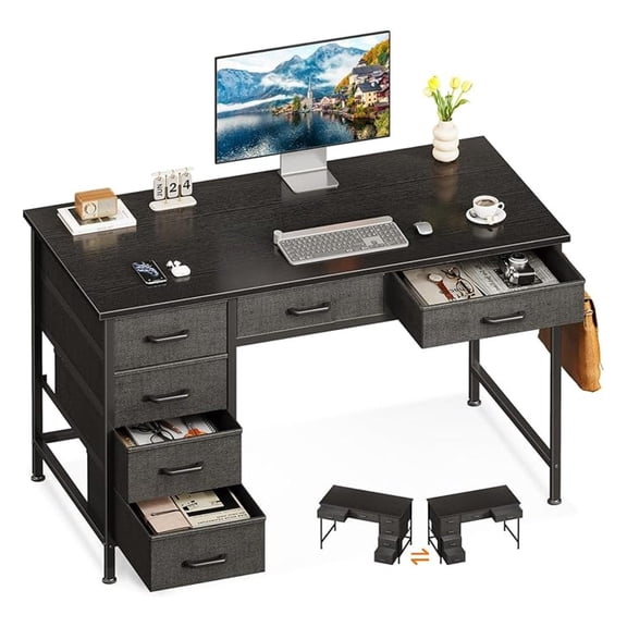 Computer Desk with 6 Drawers, 40 Inch Small Desk with Storage, Reversible Desk with Headphone Hook for Home Office, Work Study Table for Bedroom, Black