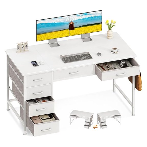 Computer Desk with 6 Drawers, Inch Office Desk with Storage, Reversible Desk with Headphone Hook for Home Office, Work Study Table Vanity for Bedroom, White