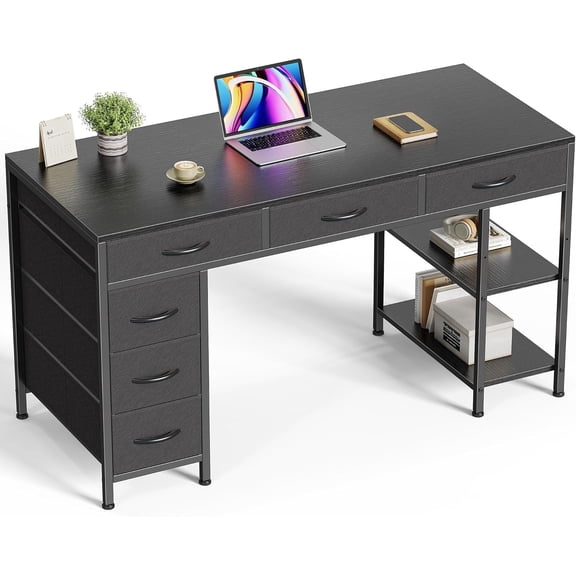 47" Black Reversible Corner Computer Desk with 6 Drawers & Adjustable Shelves, Multi-Function Storage Workstation for Home Office Study Living Room