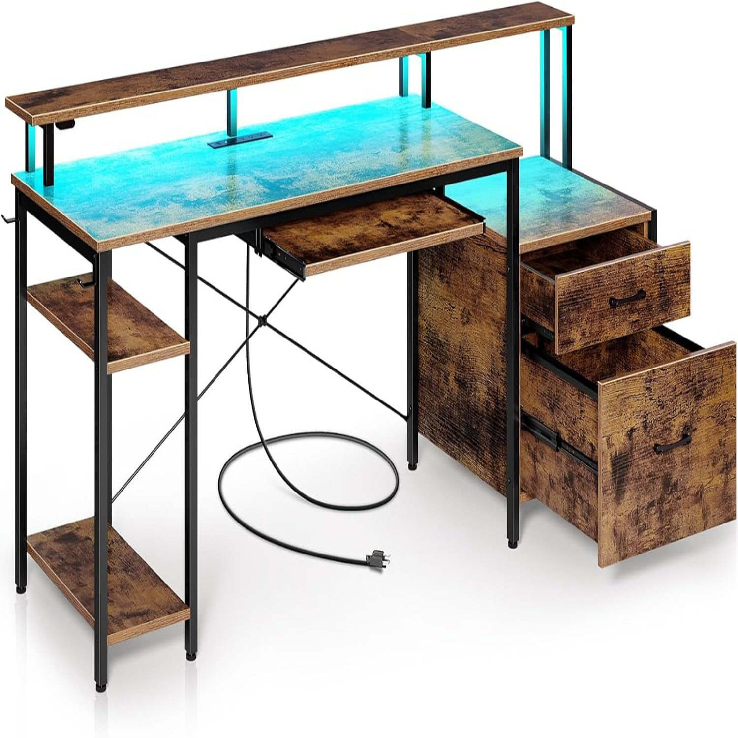 Computer Desk 63" with File Drawer Gaming Desk with LED Light & Power