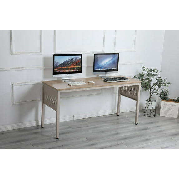 Computer Desk, 63 inch Large Office Desk Study Writing Desk with Adjustable Leg Pad, Solid Wood Desk Gaming Table Workstation for Home Office Apartment, Easy Assembly, Beige