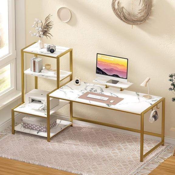 Computer Desk 67 inch with Printer Shelf, Reversible Office Desk with Monitor Stand and 2 Hooks, Home Desk Workstation for Study Writing Working Gaming, Marble