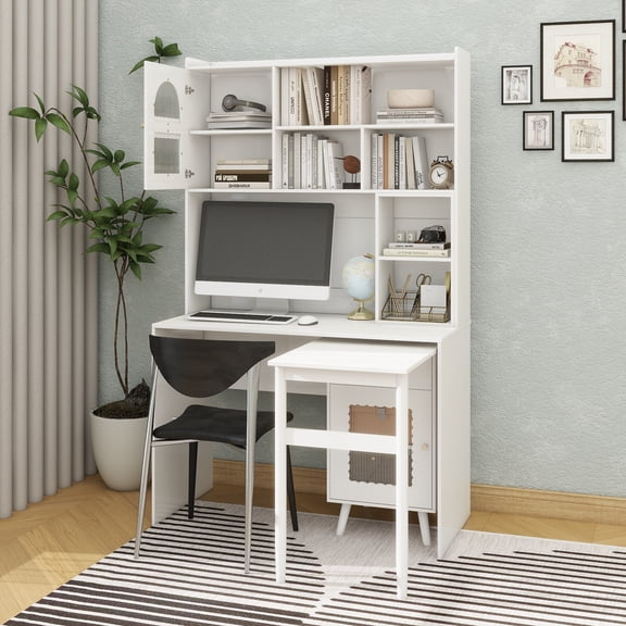 Computer Desk with 90 Degree Rotating Desktop, 43x70 Inch Office Desk with Storage Drawer and Cabinets, Gaming Desk with Shelves, Writing Desk for Study, Work Desk for Home Office Bedroom Living Room