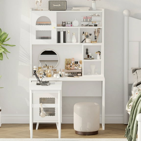 Computer Desk with 90 Degree Rotating Desktop, 43x70 Inch Office Desk with Storage Drawer and Cabinets, Gaming Desk with Shelves, Writing Desk for Study, Work Desk for Home Office Bedroom Living Room