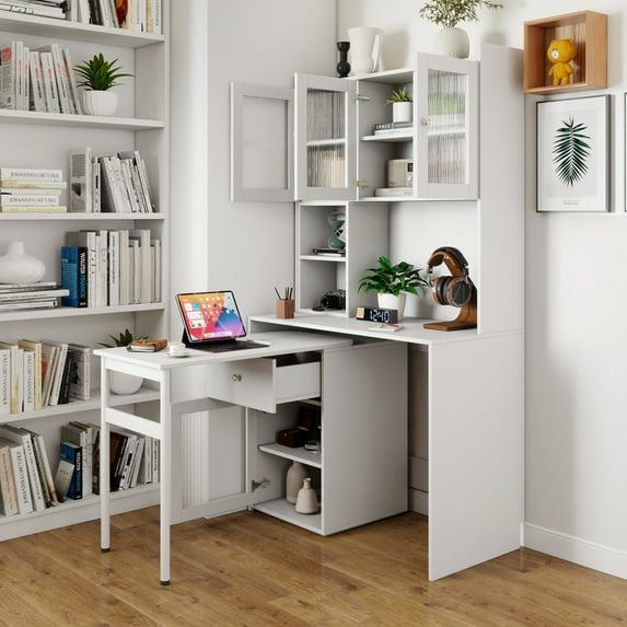 Computer Desk with 90 Degree Rotating Desktop, L Shaped Study Desk with Glass Door and Bookshelf, Office Desk for Home, Office, Large Working Space, White