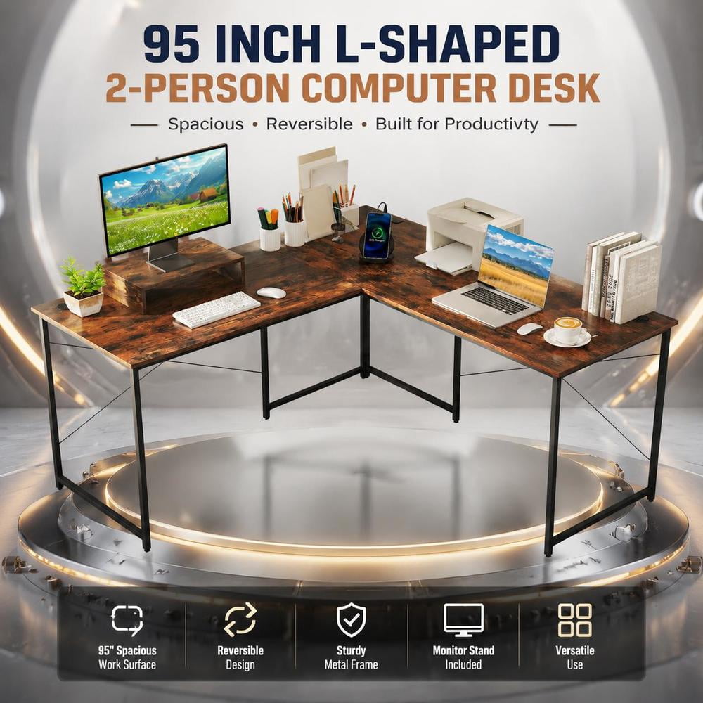 Computer Desk, 95 Inch Reversible L-Shaped with Monitor Stand, 3 Cable ...