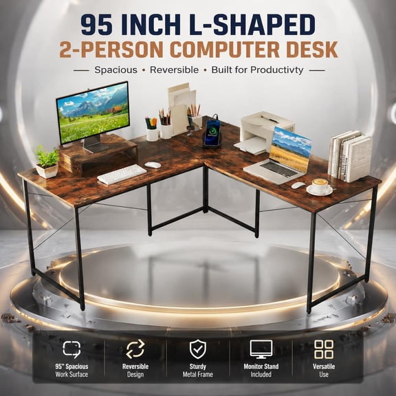 Computer Desk, 95 Inch Reversible L-Shaped with Monitor Stand, 3 Cable Holes, Steel Frame