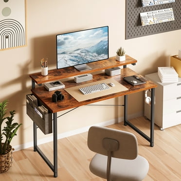 Computer Desk with Adjustable Monitor Stand(3.9”, 5.1”, 6.3”), 48 inch Home Office Desk with Storage Bag, Simple Modern Style Laptop Desk for Small Space, Vintage