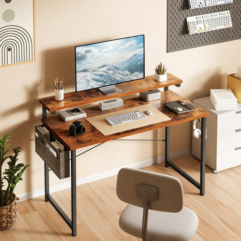 Computer Desk with Adjustable Monitor Stand(3.9”, 5.1”, 6.3”), 48 inch Home  Office Desk with Storage Bag, Simple Modern Style Laptop Desk for Small  Space, Vintage 