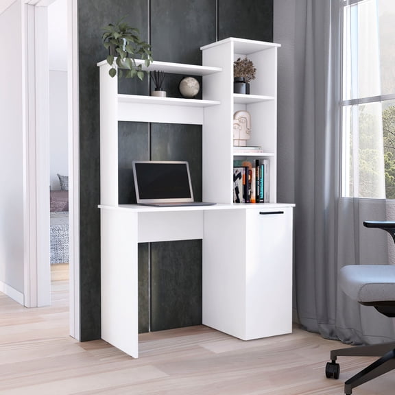 Computer Desk | Ample Workspace for Multitasking, Hutch for Display, Cabinet for Storage | Particle Board Construction | Solves Office Organization Issues