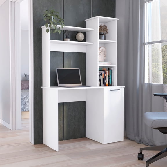 Computer Desk, Black, With Generous Workspace And Chic Storage, 3 Shelves Cabinet Ample Working Surface Desk Cabinet, Black