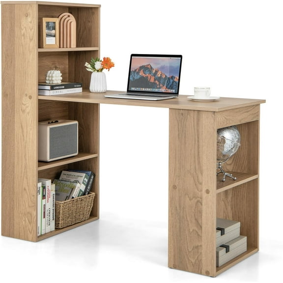 Computer Desk with Bookcase, 48” Modern Writing Table Desk with Storage Shelves and CPU Stand, Reversible Study Workstation for Home Office Bedroom (Natural)