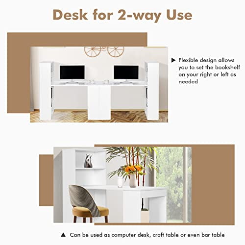 Computer Desk with Bookcase, 48” Modern Writing Table Desk with Storage Shelves and CPU Stand, Reversible Study Workstation for Home Office Bedroom (White)