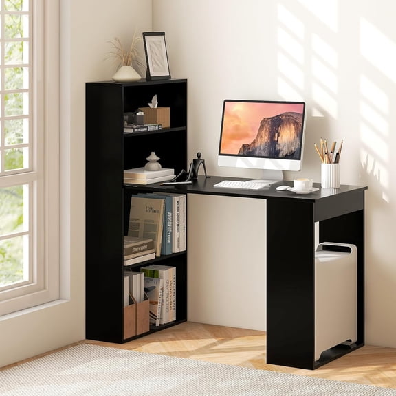 Computer Desk with Bookshelf, Writing Study Desk with Storage Shelves & CPU Stand, Modern Compact Computer Workstation for Home & Office, Space-Saving Design (Black)