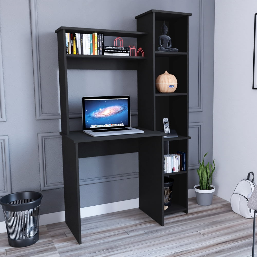 Computer Desk with Bookshelf, Writing Study Desk with Storage Shelves & 5 Cubbies, Modern