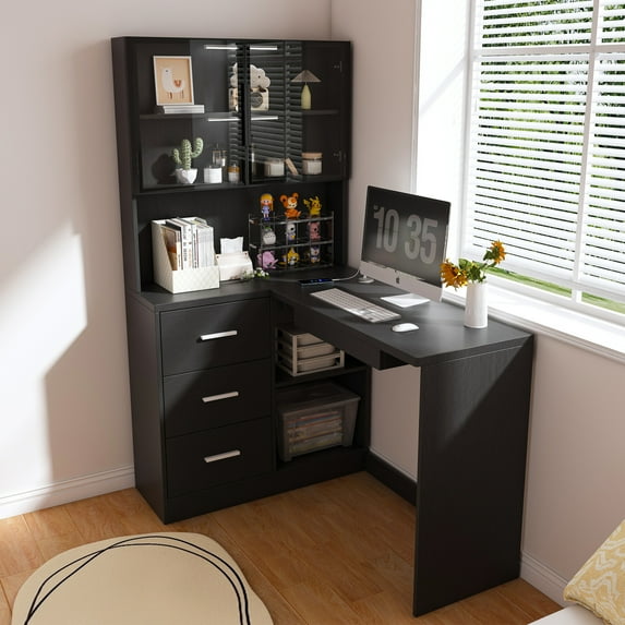 Computer Desk with Built in LED Lights,Corner L Shaped Office Desk with Glass Cabinet,Modern Study Table with USB Charging Ports,Gaming Computer Desk with Keyboard Tray,for Home,Office,Black