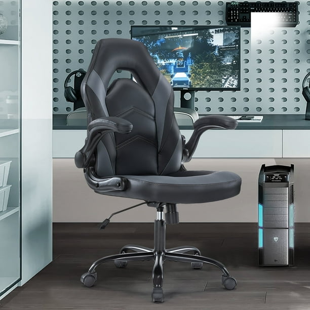 Computer Desk Chair Gaming Chair with Flip up Armrests Ergonomic Home Office Chairs Height Adjustable Leather Game Chair with Lumbar Support Black and Gray Walmart Business Supplies