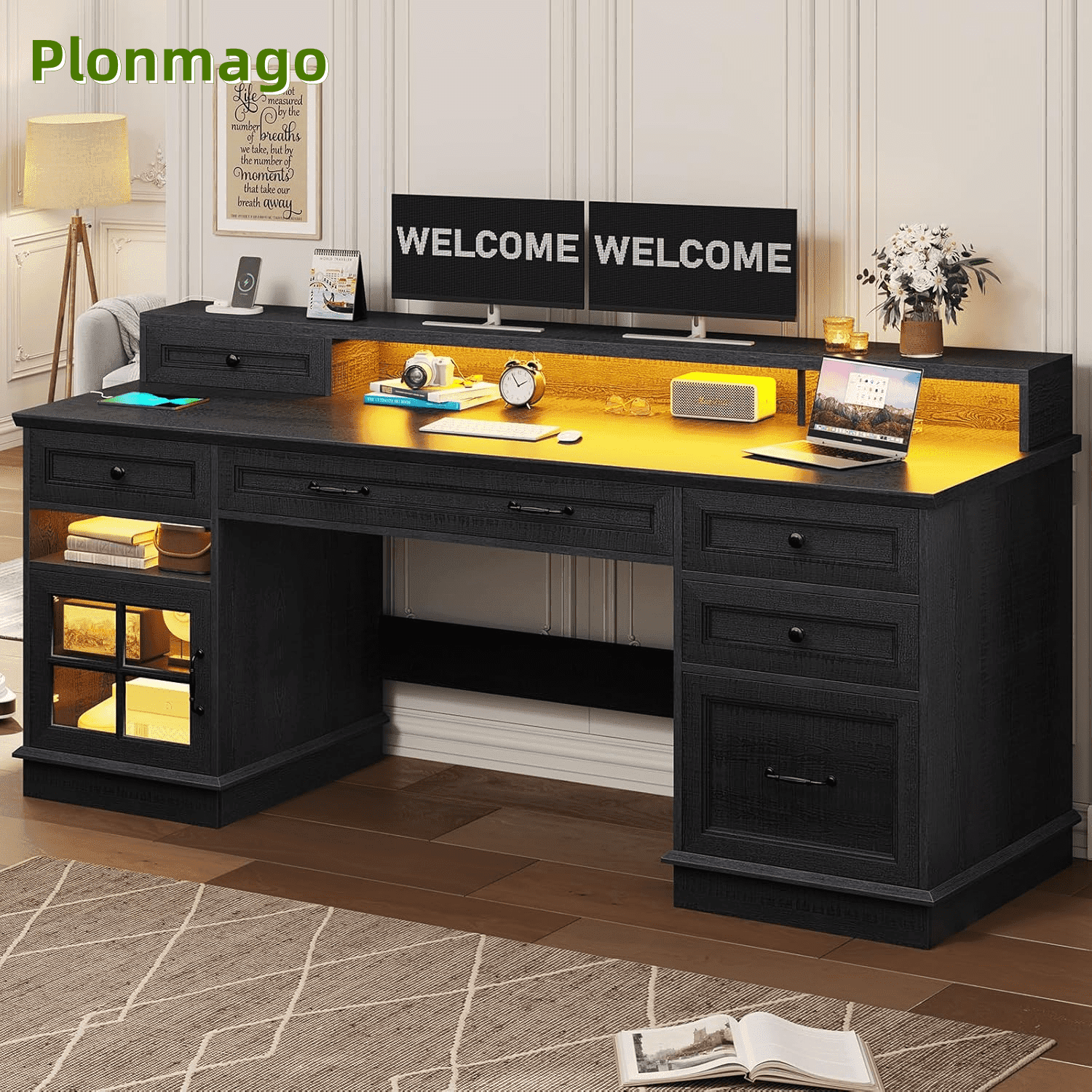 Plonmago Computer Desk with Charging Station & LED Lights, Black Executive Desk with File Drawer, Home Office Desk with Drawers & Storage Cabinet, Executive Office Desk with Monitor Stand