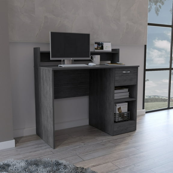 Computer Desk Delmar with Open Storage Shelves and Single Drawer, Smokey Oak Finish