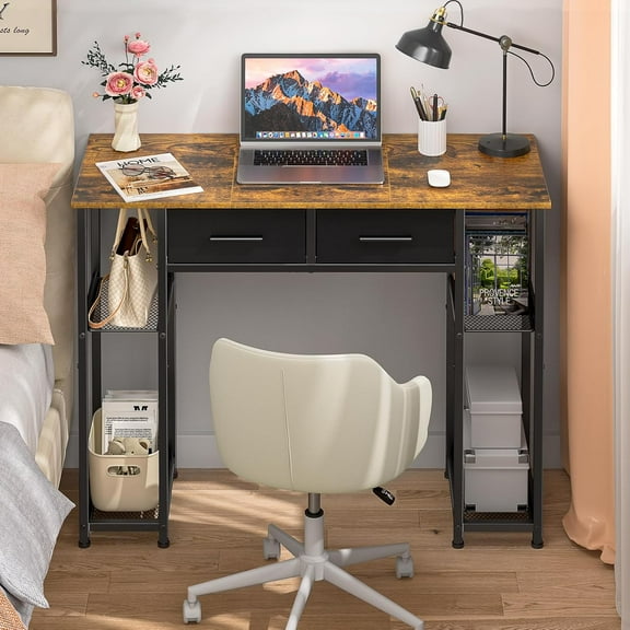 Computer Desk with Drawers, 37.3 Inch Office Work Desk with Storage Shelf, Teens Study Table for Small Space, Small Writing PC Table for Vanity Desk, Brown