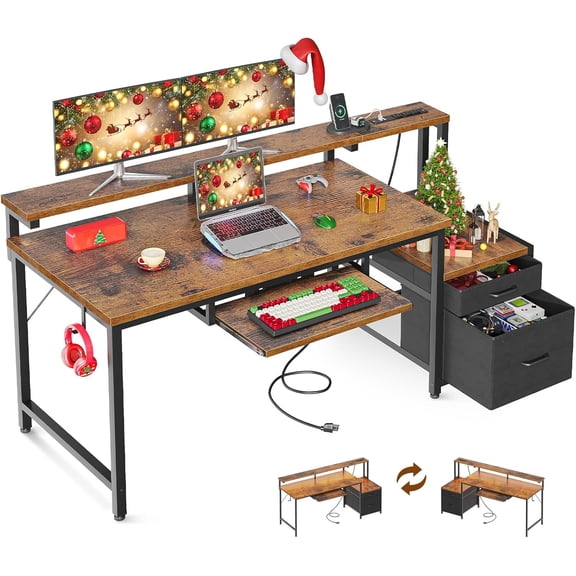 Computer Desk with Drawers, 55" Office Desk with Keyboard Tray and Power Outlet, Reversible Study Work Desk with Printer Space and File Drawers Cabinet for  Office,