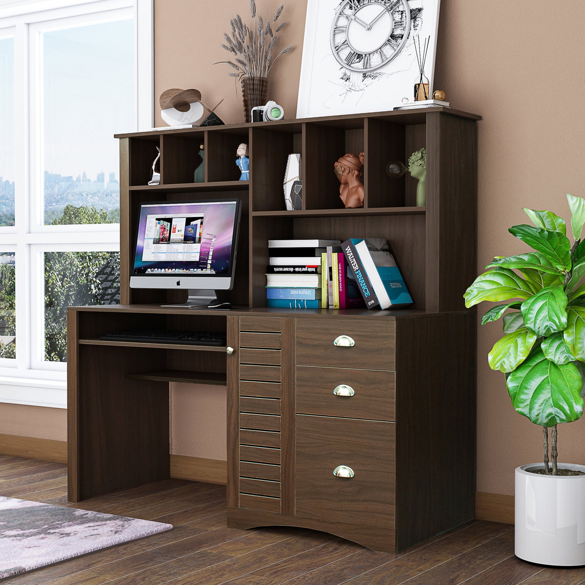 Computer Desk with Drawers Bookshelf and Keyboard Tray Wood Executive Desk with Hutch Teens Student Desk Modern Style Writing Laptop Home Office Desk Computer Desk with Walnut Finish Walmart
