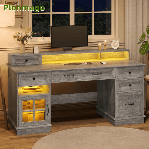 Plonmago Computer Desk with Drawers, Farmhouse Executive Desk with Monitor Stand ,Wood Desk with Power Outlets & LED Lights,Large Home Office Desk with Storage Cabinet Writing Desk for Bedroom,Gray