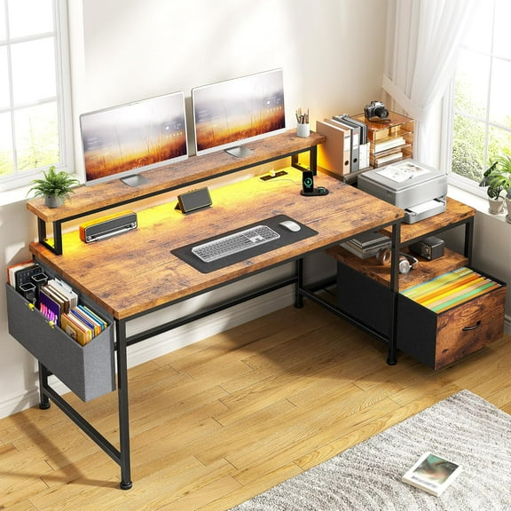 Computer Desk with Drawers and LED Lights,57" Office Desk with Power Outlets and Printer Space, Gaming Desk with File Drawers Cabinet,Study Table with Shelves Monitor Stand,Study Room,Rustic Brown