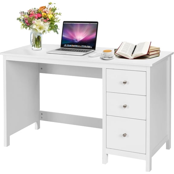 Computer Desk with Drawers, Modern Office Table with Storage, Wood Work & Study Table for Adults, Compact Writing Desk for Small Spaces (White)