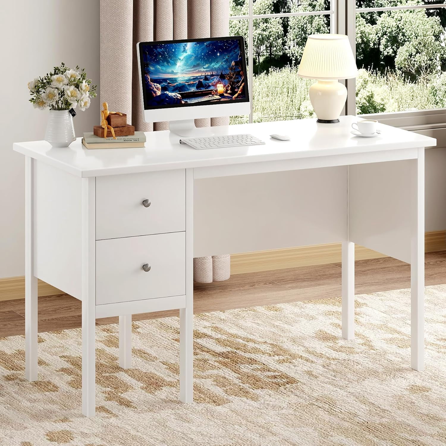 Computer Desk with Drawers,Modern White Home Office Desk with Storage ...