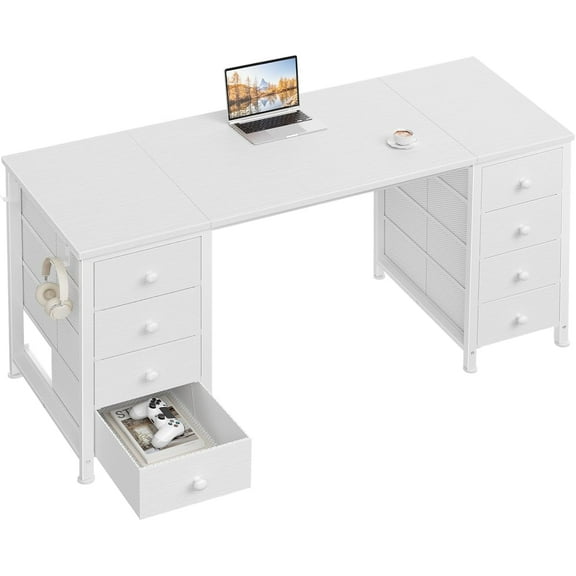 Computer Desk with Drawers on Both Sides for Home Office, 55 inch Girls Teens Desks with Storage Writing Study Table for Bedroom, Makeup Vanity Desks Without Mirror,8 Fabric Drawer