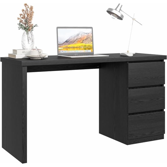 Computer Desk with Drawers, Wood Work Desk, Home Office PC Desk Workstation with Storage, Modern Gaming Computer Table for Bedroom, Living Room, 53.5 inches, Black