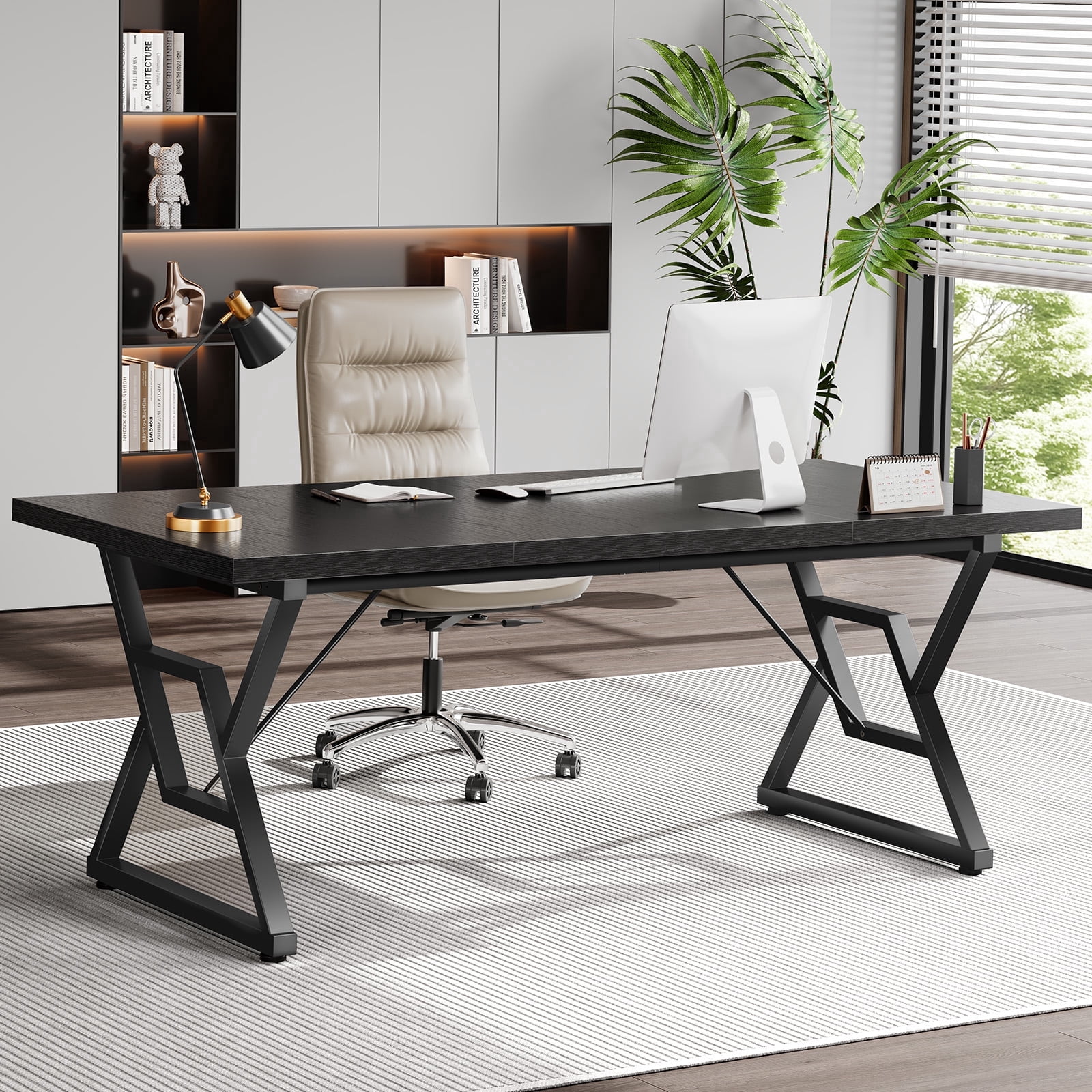 Computer Desk Executive Desk With Thick Wooden Tabletop And Metal Frame